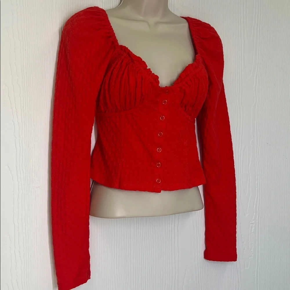 Free People - Ladybug Red Button Sweetheart Neckline Long Sleeve Crop Top SZ S